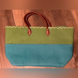 Green and Blue Burlap Tote Bag
